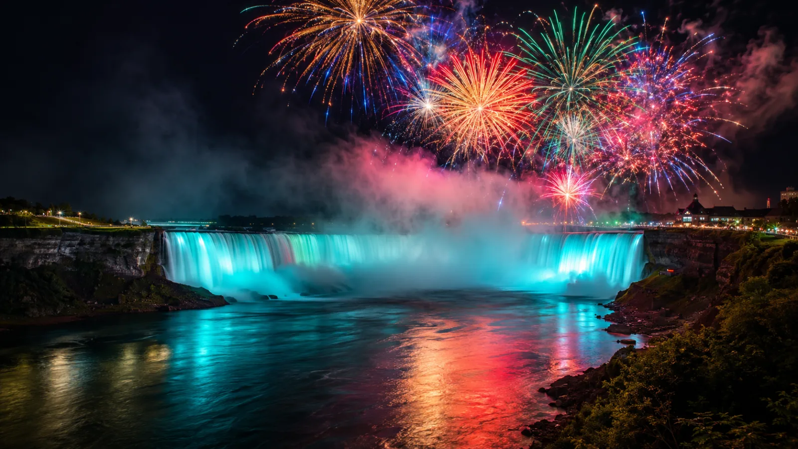 Colourful fireworks bursting high over the illuminated turquoise Horseshoe Falls at night on the Canadian side of Niagara
