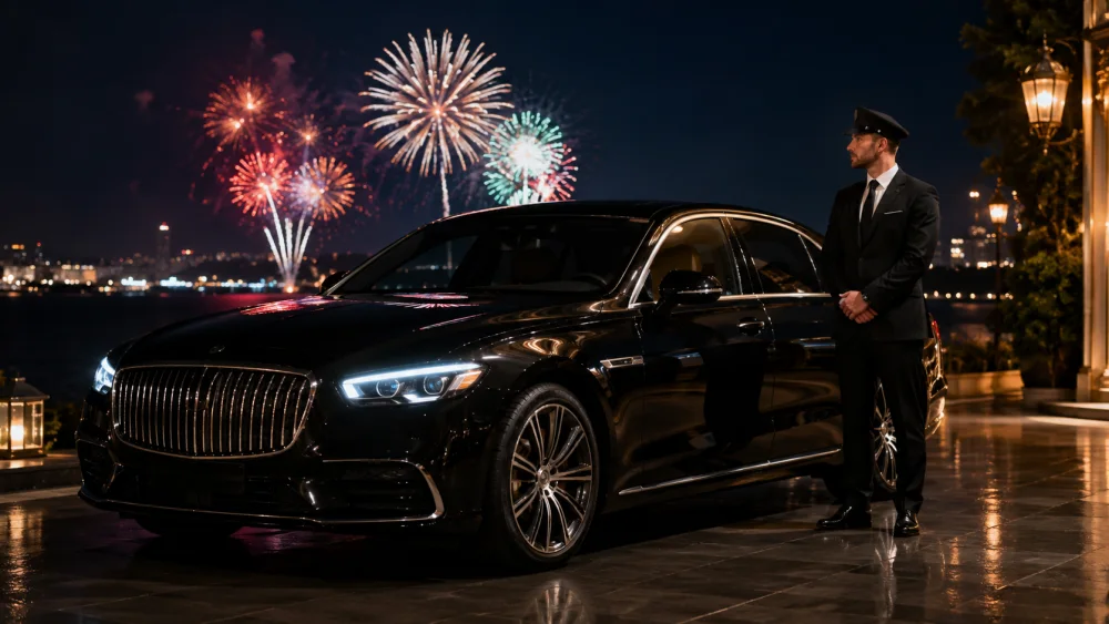 A black luxury chauffeur sedan parked along the Niagara Parkway at night with fireworks lighting the sky above the falls