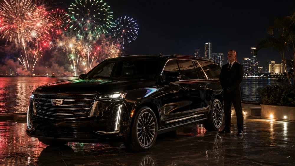 Black chauffeured luxury SUV ready for a family Niagara Falls fireworks-night tour