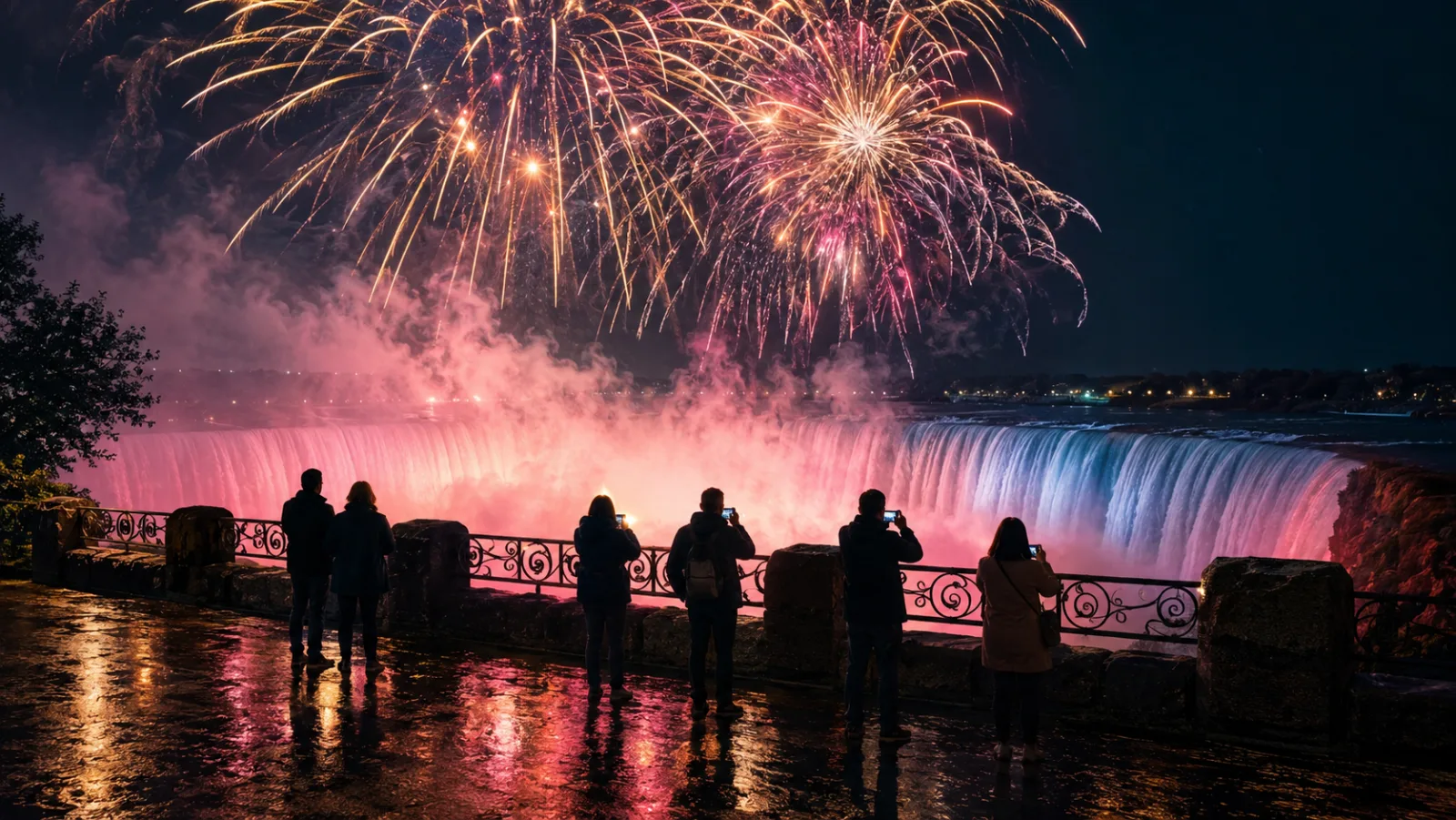 Guests at the Niagara Parkway railing on the Canadian side watching gold-and-pink fireworks burst over the illuminated Horseshoe Falls