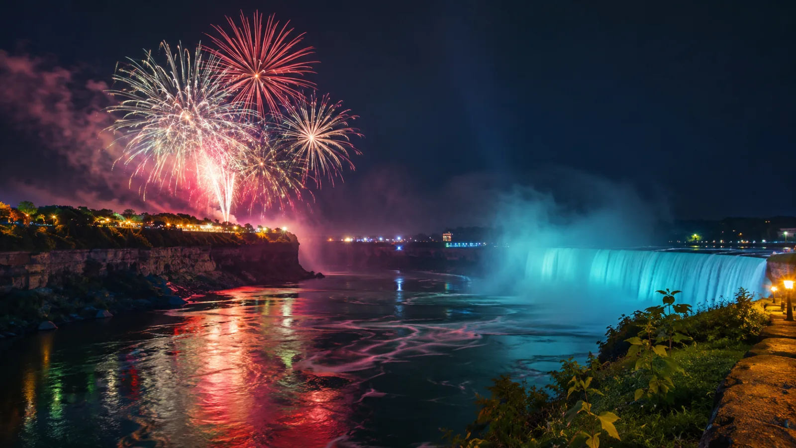 Wide panorama of the free public fireworks over the Canadian Horseshoe Falls, colour reflecting across the Niagara river